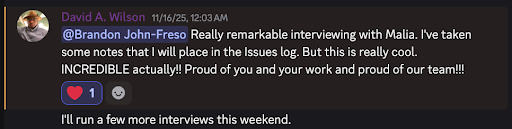 Dave's discord message re: interviewing with Malia